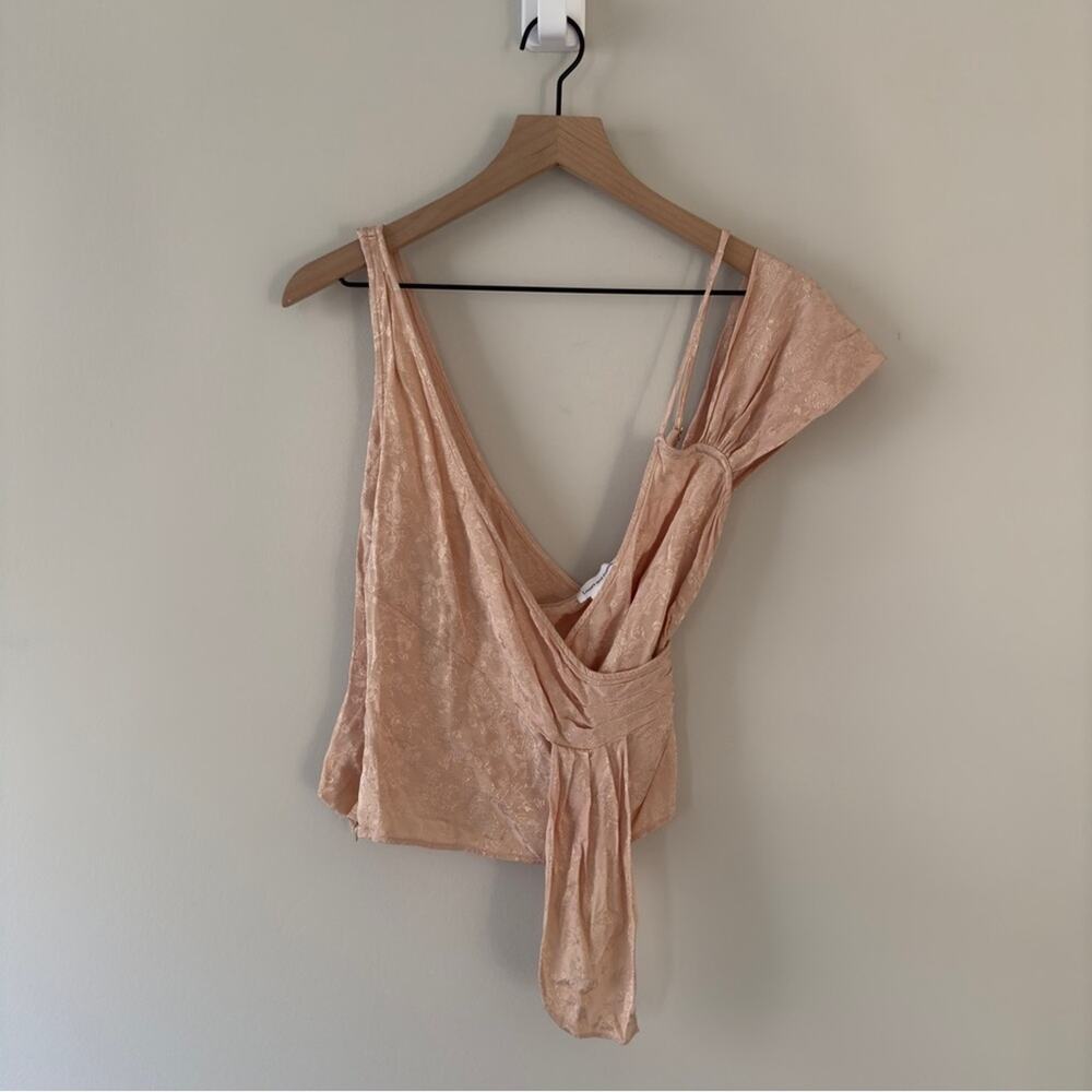 Lovers + Friends Revolve Asymmetric Satin Top floral zipper side coquette pink S